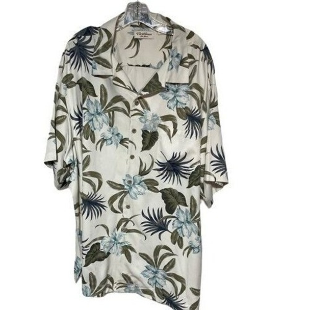 Caribbean Silk Blend Tropical Floral Camp Shirt Mens 3X Cream Blue Short Sleeve